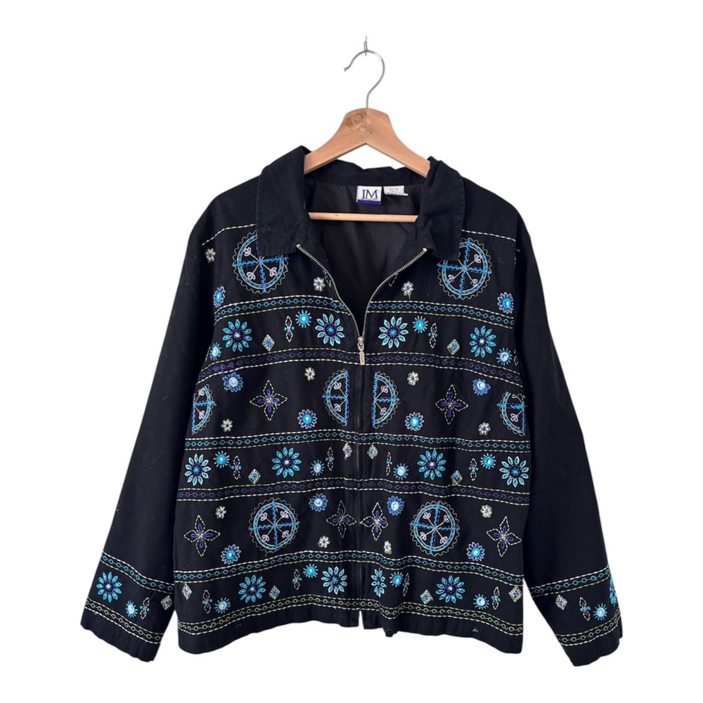 Vintage Black Embroidered Detail Zip-Up Lined Jacket 100% Cotton Shell Size XL